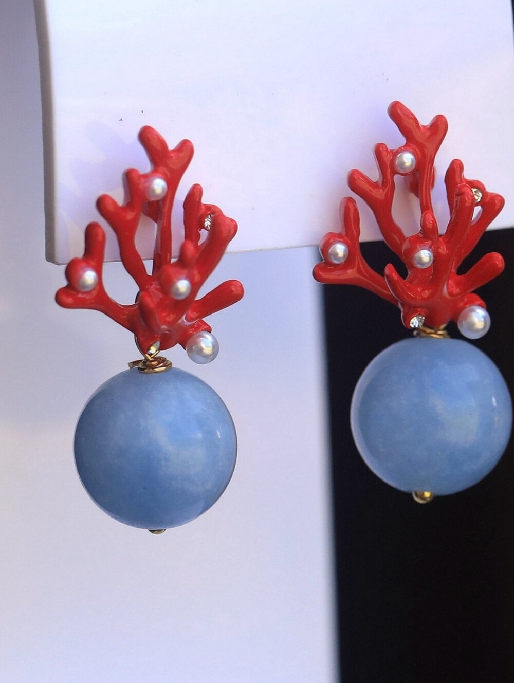 Blue Sphere & Red Coral Clip On Earrings - Women Jewelry